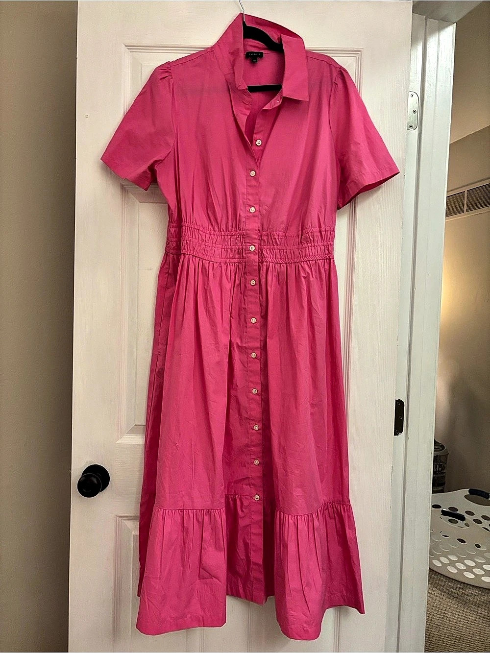 Talbots Poplin Flounce Shirtdress Pink Button-Front Midi Dress Size 16